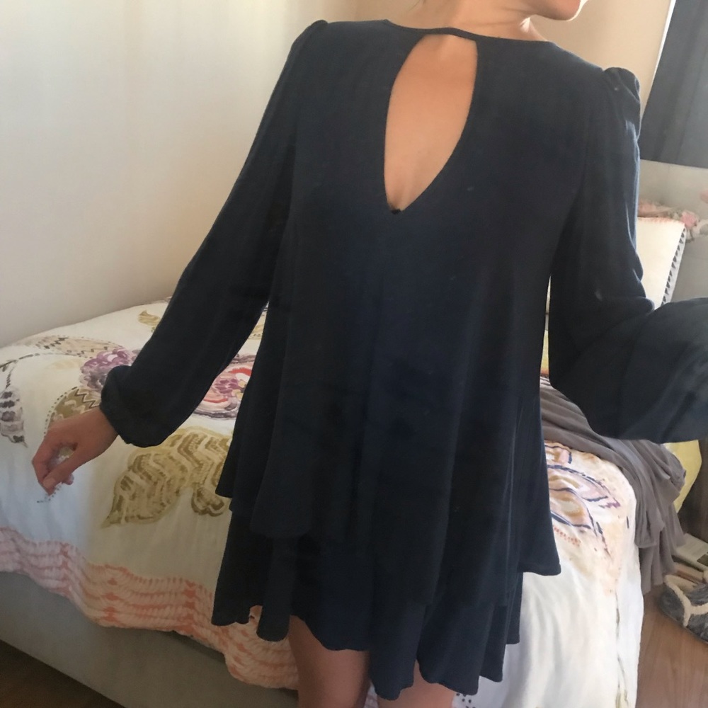 Long sleeve navy blue flowy free people dress